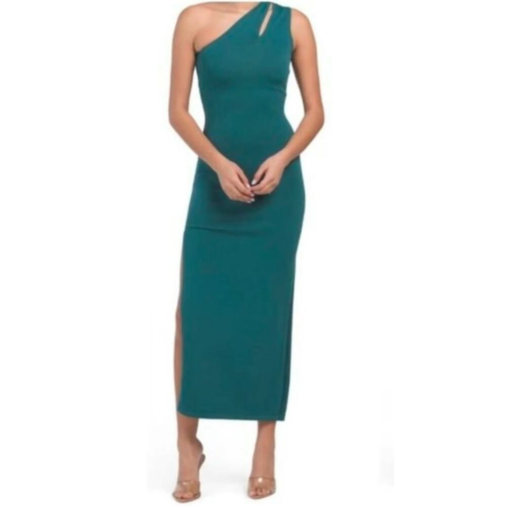 Torn Ronny Kobo Fina Knit Bodycon One Shoulder Side Slit Green Large Midi Dress